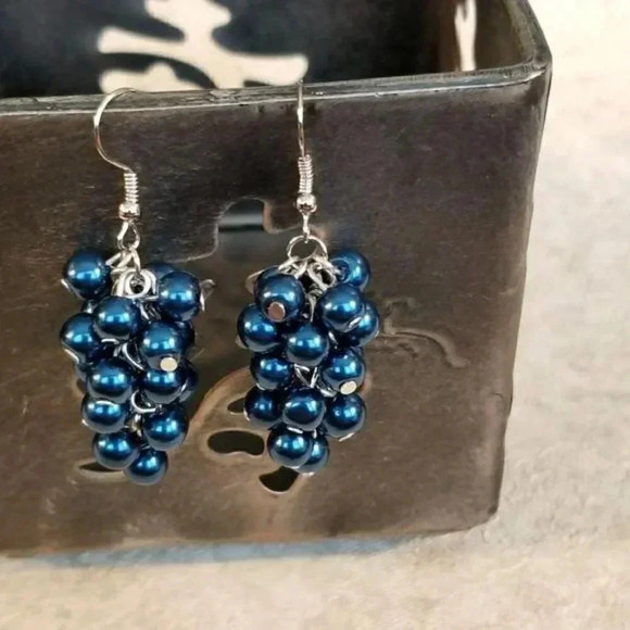 Handcrafted Glass Pearl Cluster Earrings Blue - Picture 1 of 1